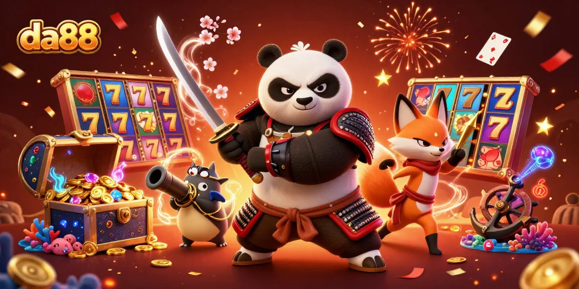Join the adventure at da88 as a samurai panda, ninja fox, and spirit tanuki celebrate a winning jackpot!