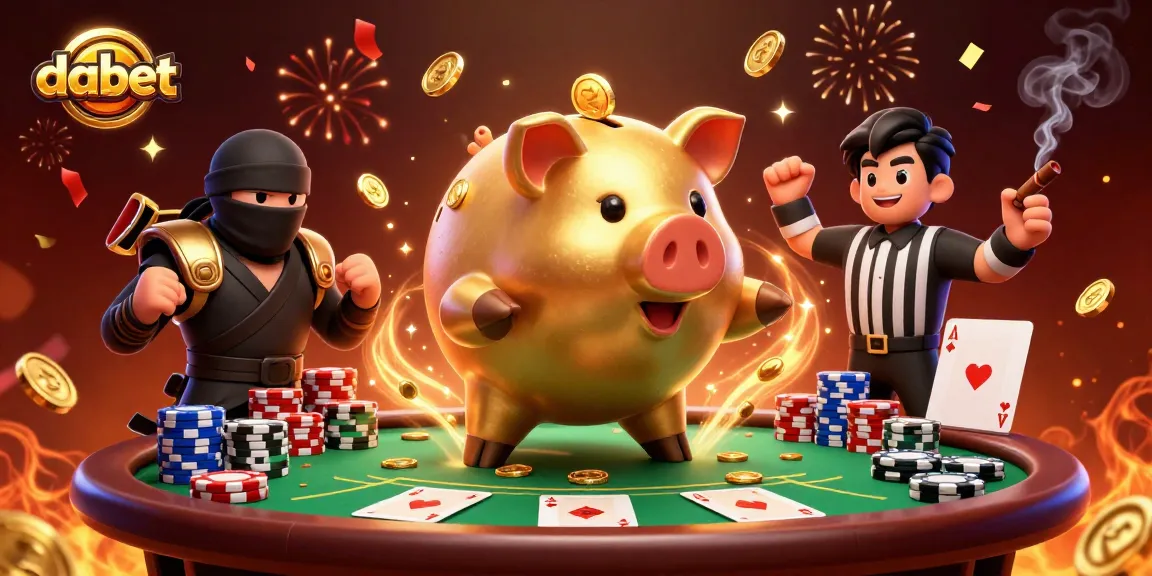 Dabet immerses players in a vibrant casino scene with a golden piggy bank sumo wrestler amidst poker excitement.