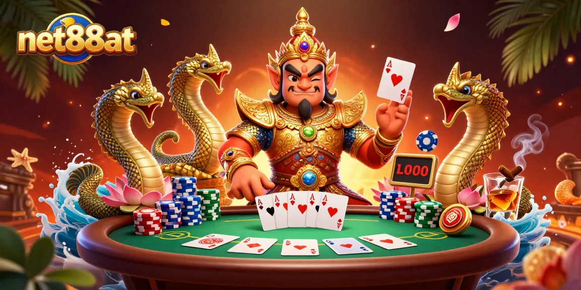 Engage with net88at's thrilling poker scene featuring a dazzling guardian and vibrant game elements.