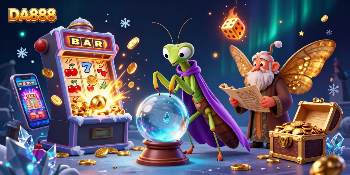 Experience the thrills of DA888 with a vibrant 3D illustration depicting fortune tellers and jackpot excitement.