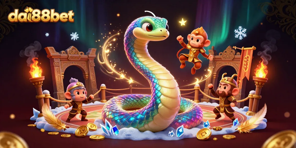 Spin to win with da88bet's vibrant gaming world featuring a rainbow serpent and monkey king.