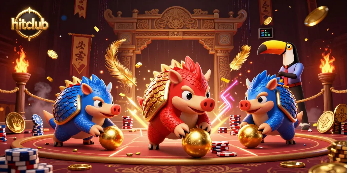 Experience thrilling gameplay at hitclub with rival pangolins battling amid golden coins and casino elements.