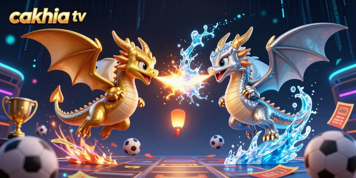 Cakhia tv showcases a vibrant scene with golden and silver dragons amidst sports elements and betting slips.