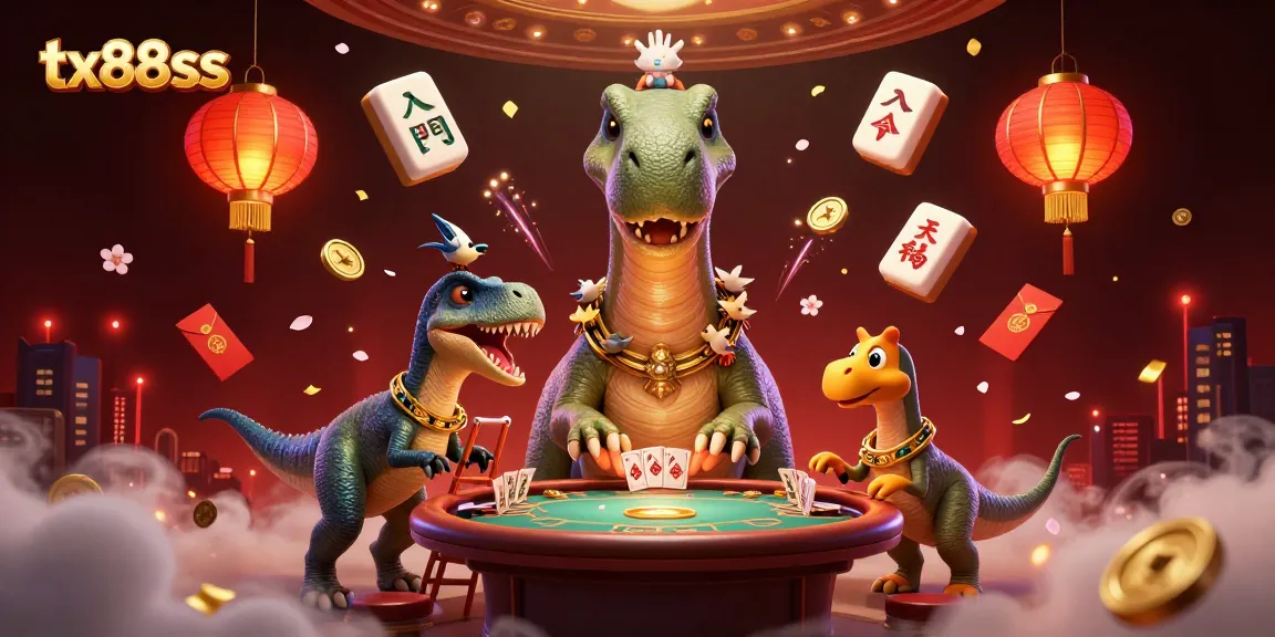 Engage with tx88sss in a vibrant casino scene featuring a towering brontosaurus and clever raptor delivering cards.