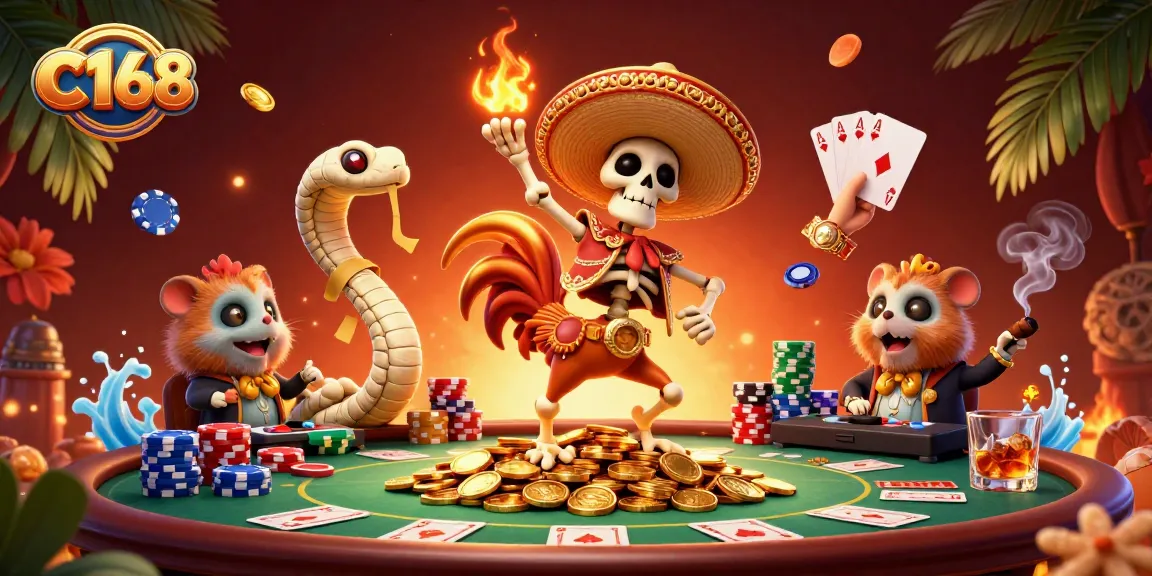 C168's vibrant casino scene featuring a victorious skeleton, mummy snake, and DJ hamster among poker elements.