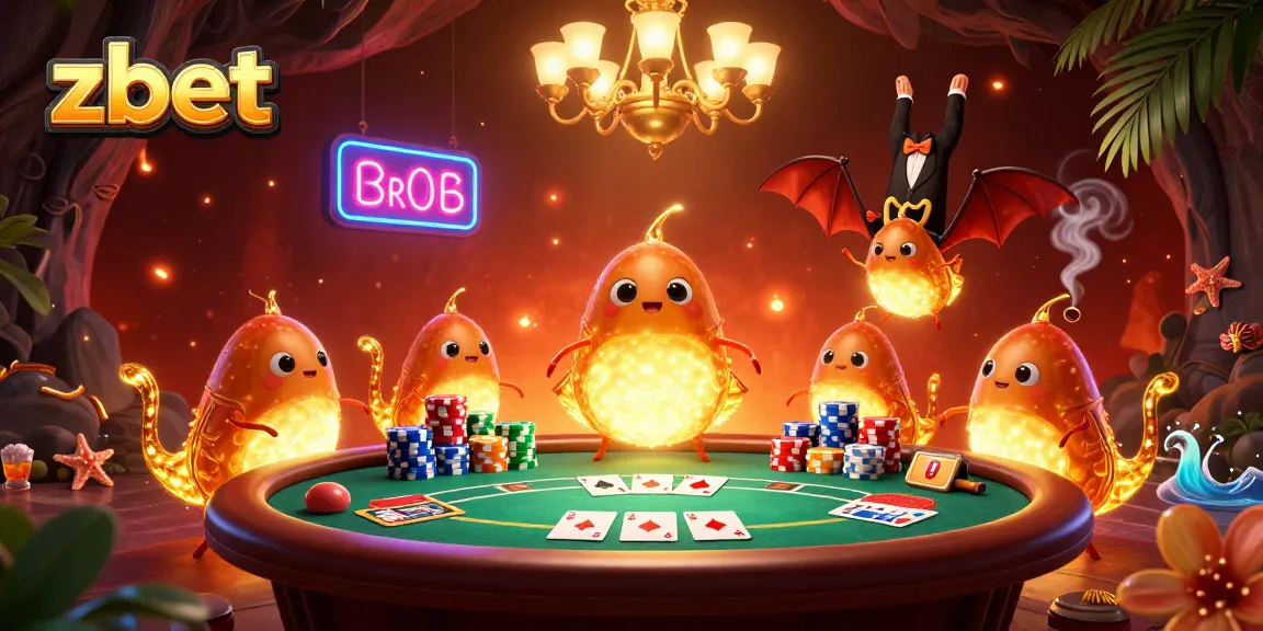 Experience the vibrant zbet cave casino with glowing characters and thrilling poker action.