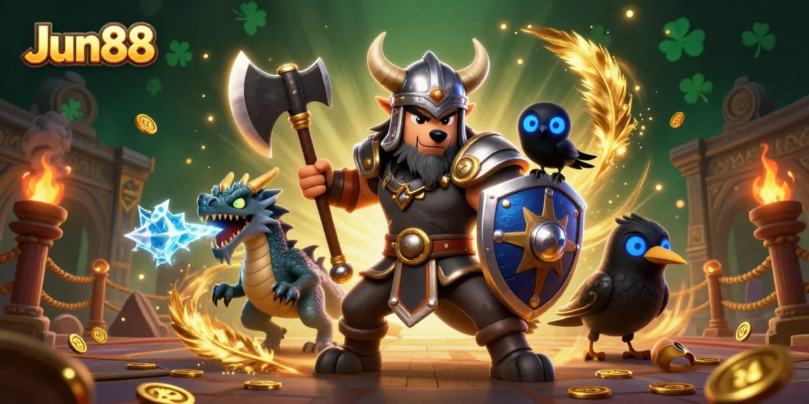 Experience thrilling adventures with Jun88 as a Viking warrior battles alongside mystical creatures in this vibrant casino scene.