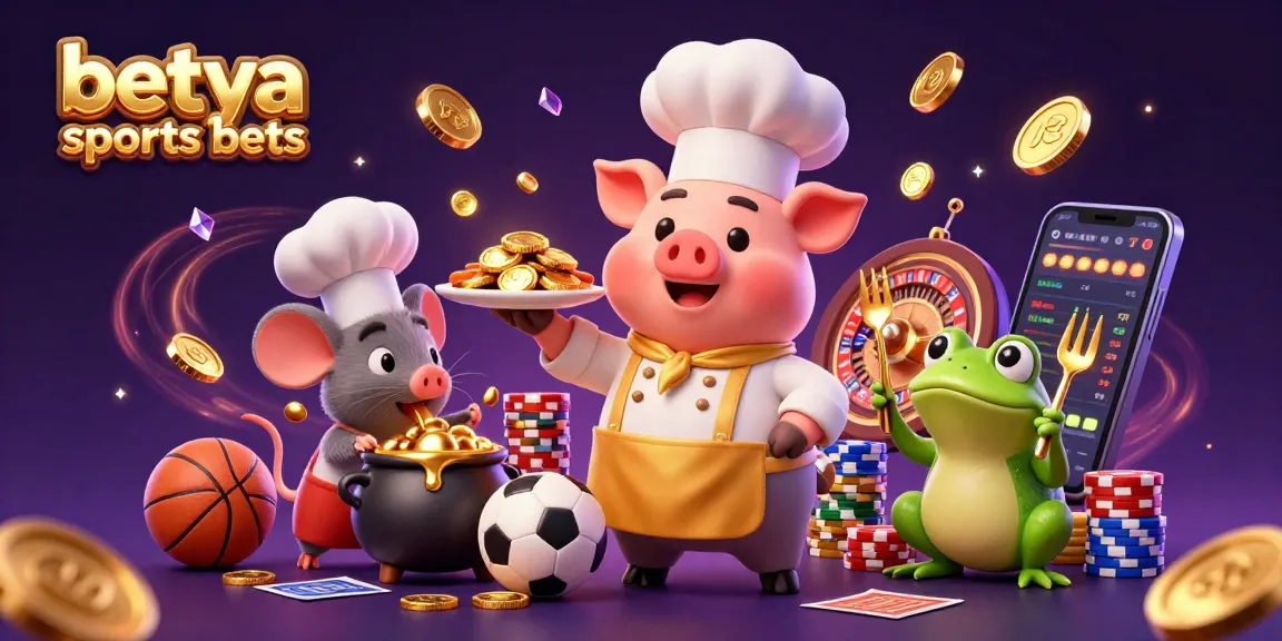 Engage with betya sports bets in a vibrant betting scene featuring a chef pig serving gold coins and betting elements.