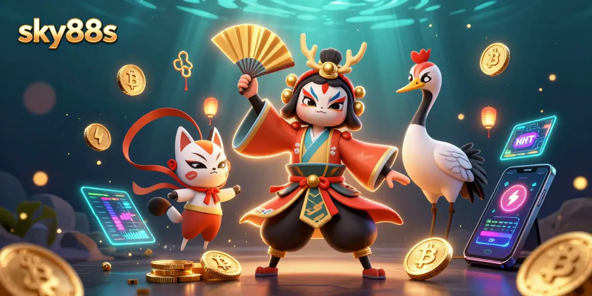 Engage with sky88s by spinning rewards with the vibrant kabuki warrior and crypto-themed 3D casino illustration.
