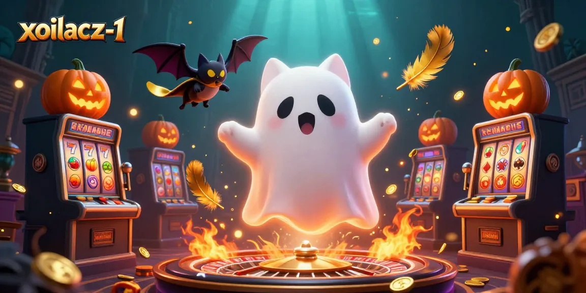 Xoilacz-1 offers thrilling casino experiences with a friendly ghost cat and ghostly decor in this vibrant illustration.