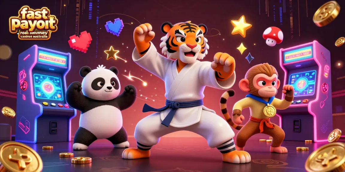 Experience thrilling action at fast payout real money casinos Australia with cartoon characters in a vibrant scene.