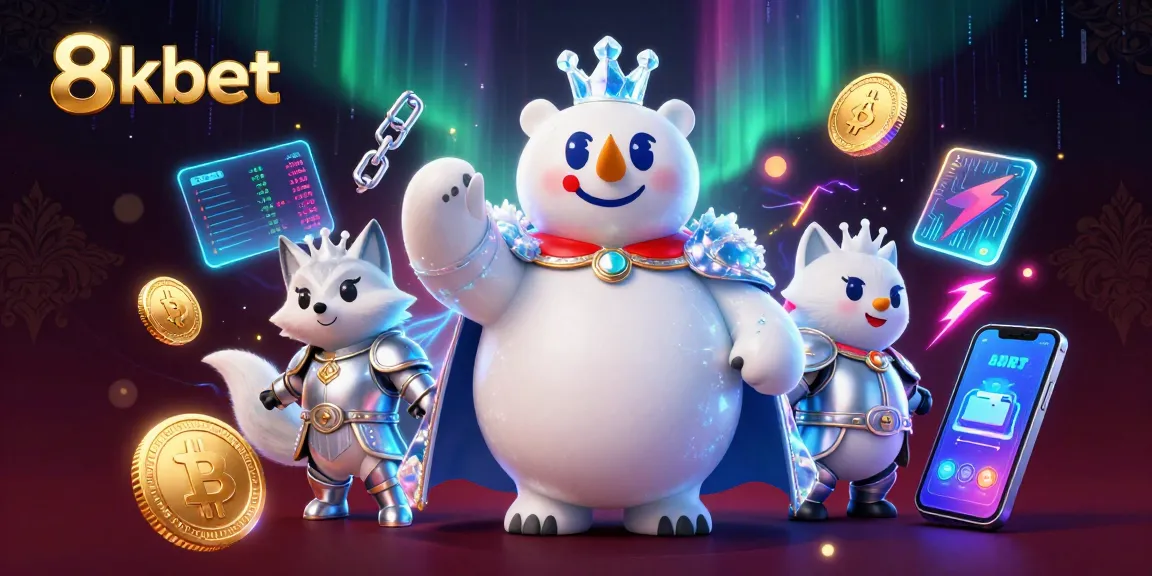Engage with 8xbet's thrilling casino atmosphere featuring an ice king and snow fox amid crypto elements.