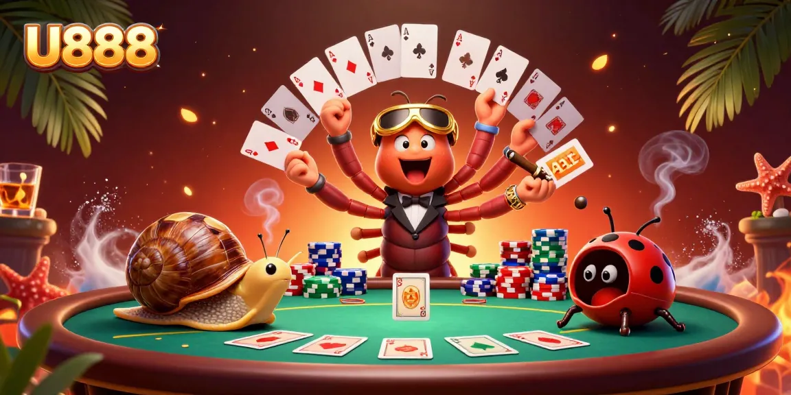 Play exciting games at U888 with a vibrant casino scene featuring a cartoon millipede dealer and high-rolling snail.