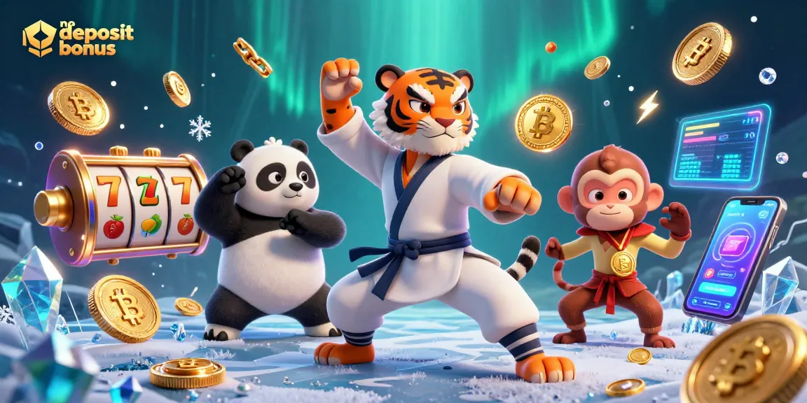 Engage with no deposit bonus offers while a kung fu tiger and panda disciple illustrate winning strategies in a lively casino setting.