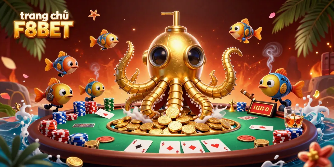 Experience the excitement at trang chủ F8BET with vibrant poker action and a golden kraken submarine.