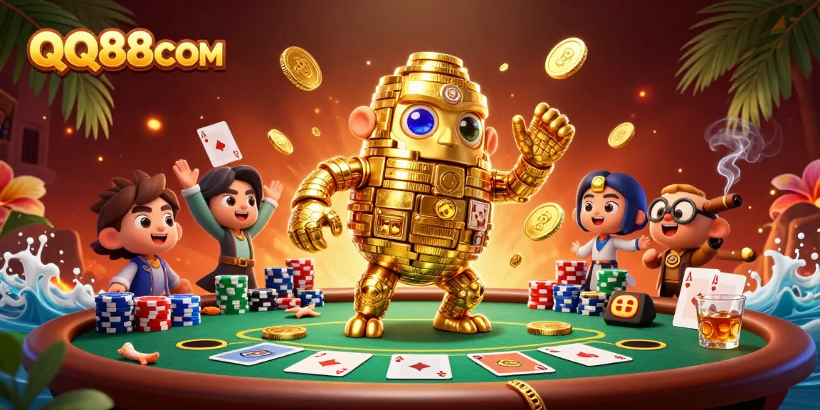 Engage with QQ88COM as the golden golem symbolically dominates a vibrant poker scene.