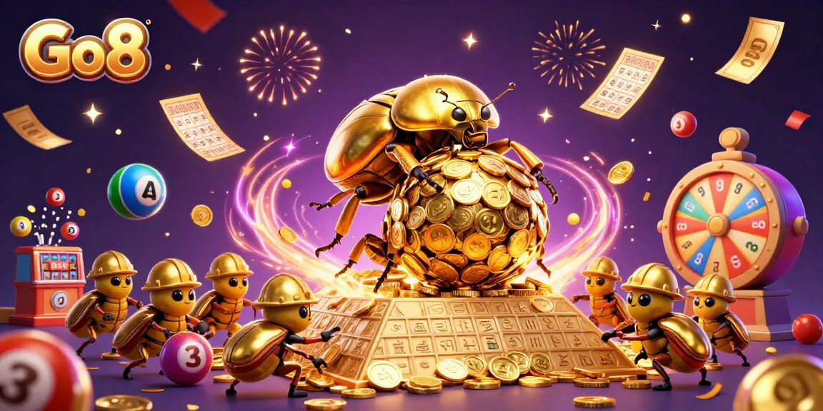 Engage in Go8's vibrant casino world as a golden beetle rolls in winnings for exciting lottery and bingo games.
