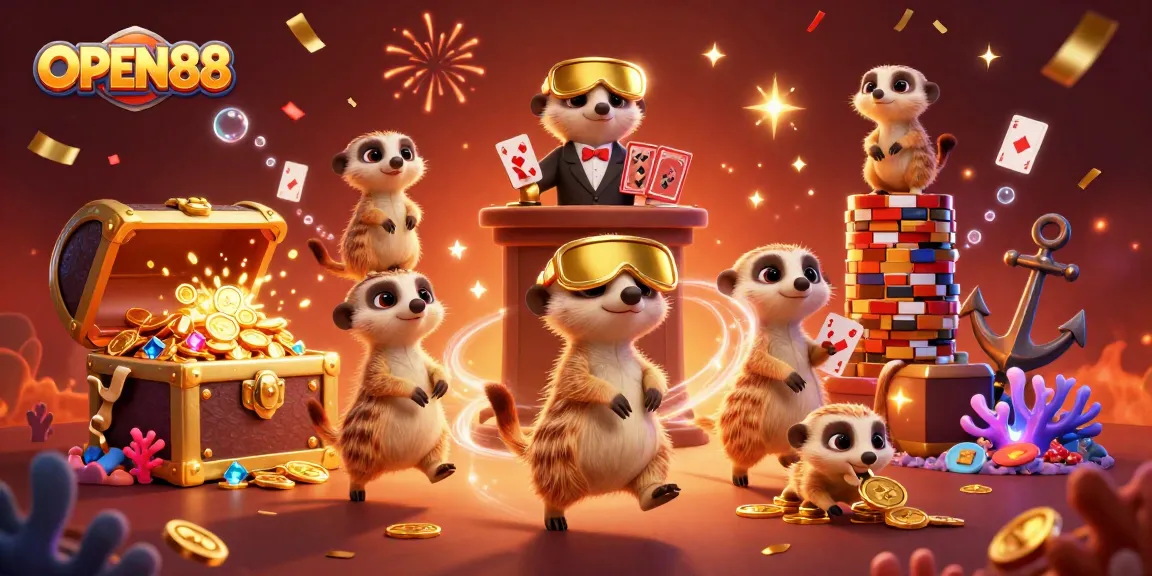 Experience the thrilling excitement of OPEN88 with meerkats running a vibrant casino scene.